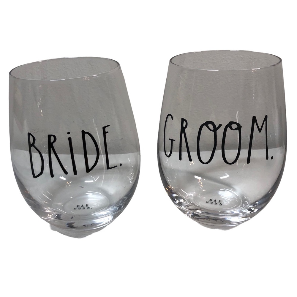 Rae Dunn Bride Groom Stemless Wine Glasses 5”